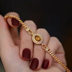 French Palace Style Tiger Eye Stone Bracelet Premium Luxury 18k Gold Plated Cuban Chain Women Zircon Bracelet Party Jewelry Gift