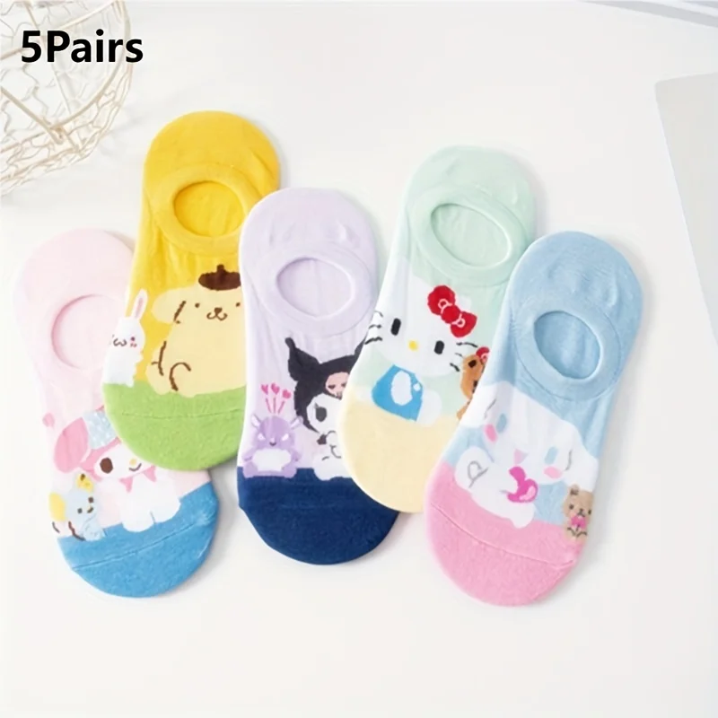 5 Pairs Kawaii Sanrio Kuromi Melody of Teenager's Novelty Cartoon No-show Socks, Soft Comfy Socks for All Seasons Wearing