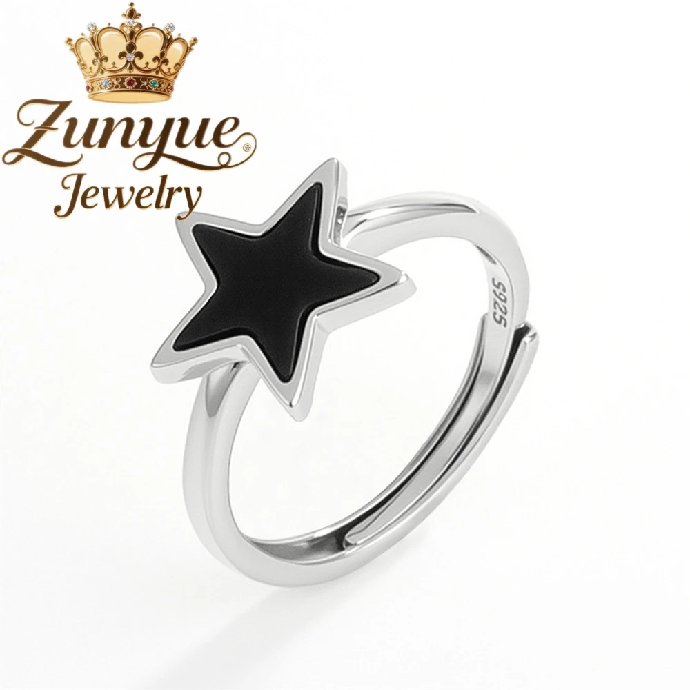 

Natural Black Jade A-Grade Jade Black Jade Star Simple Popular Ring 925 Silver Inlaid Jade Fashionable Women's Ring Adjustable