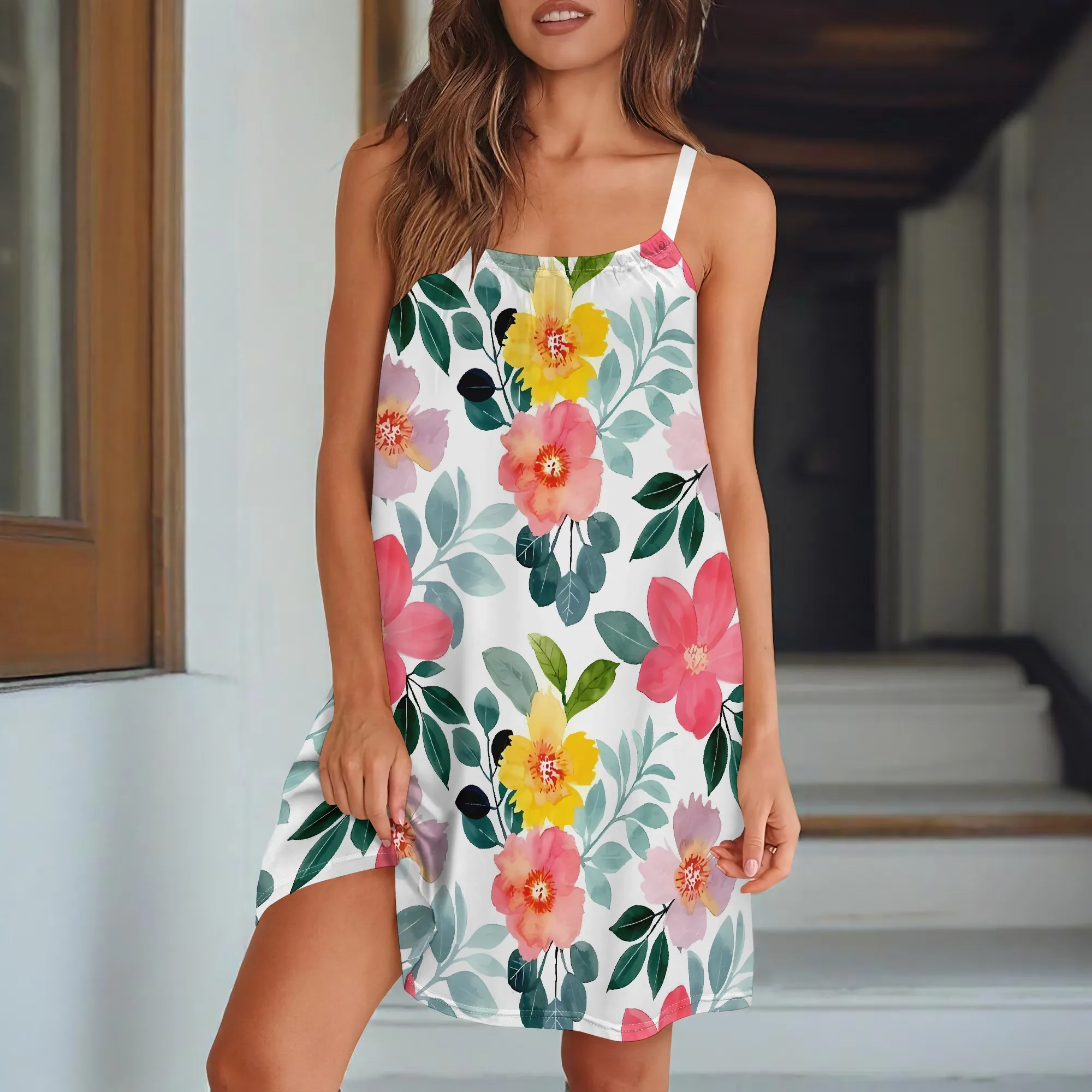 

Nupusa Floral Print Dress for Women Summer Casual Spaghetti Strap Tiered Midi Dress