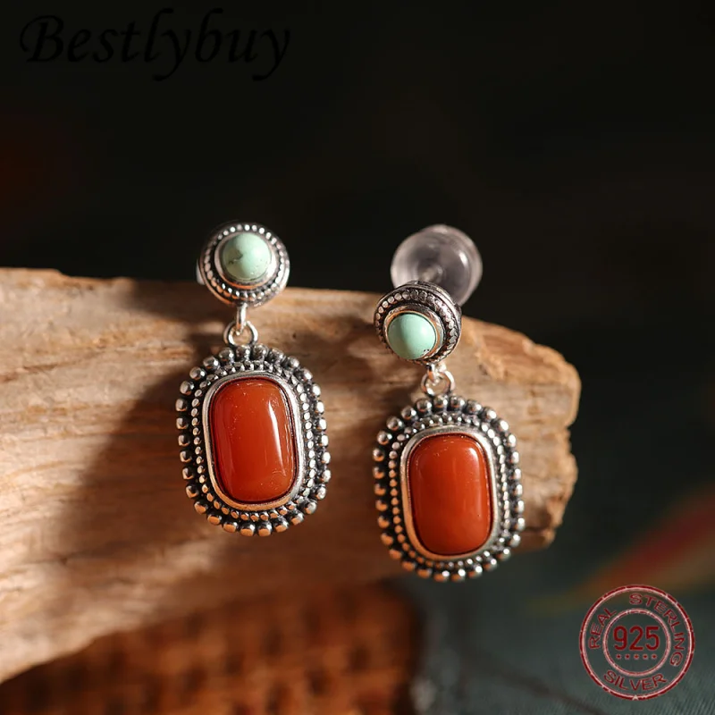 

Винтажные серьги из серебра S925 с натуральным бирюзовым камнем, оригинальный дизайн, прямоугольные серьги-подвески с красным агатом, уникальный подарок для женщин, 2026