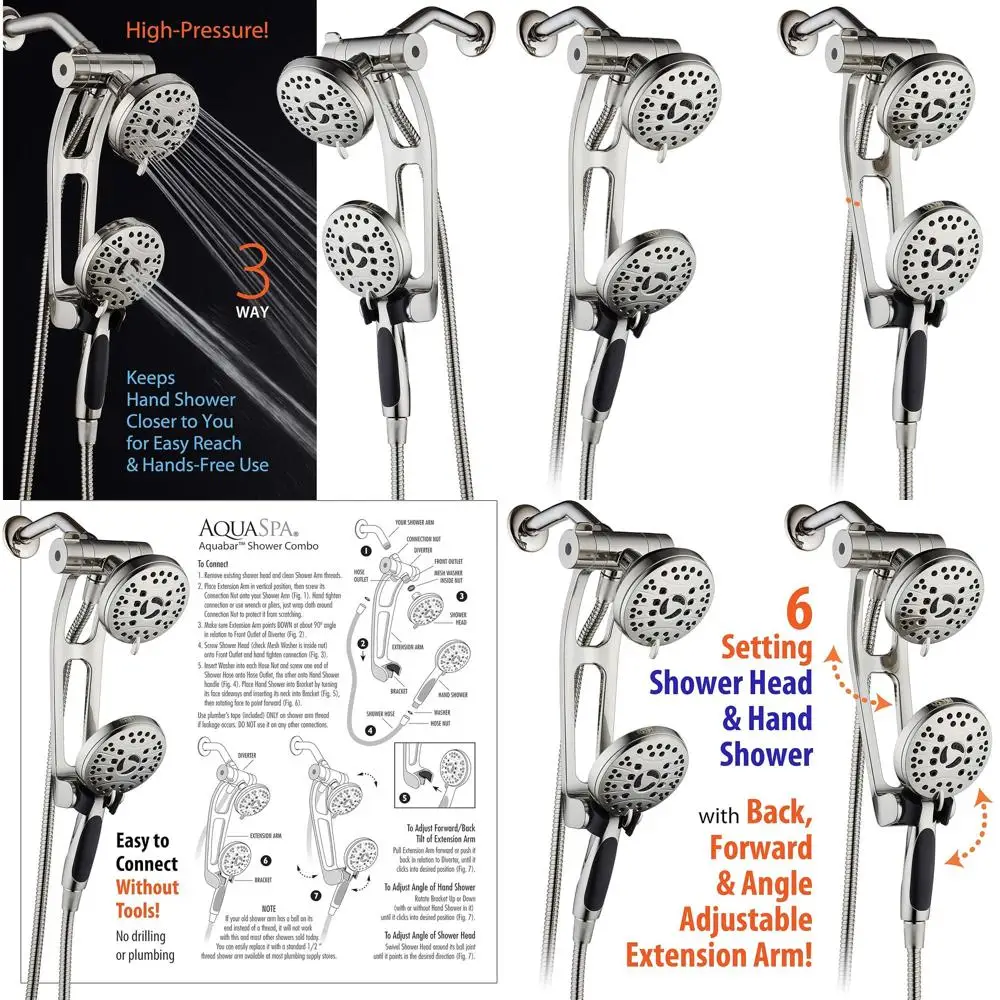 Luxury 48-Setting 3-Way Shower Combo with Extendable Arm, Dual Spray & Handheld, 6ft Brushed Nickel Hose