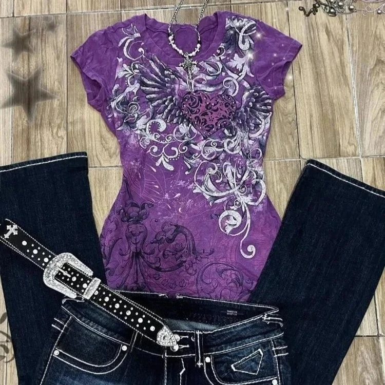 Women's Subculture Vintage Purple Print T-Shirt Summer Y2k American Retro Slim Tees Casual Harajuku Grunge Fashion Tops New