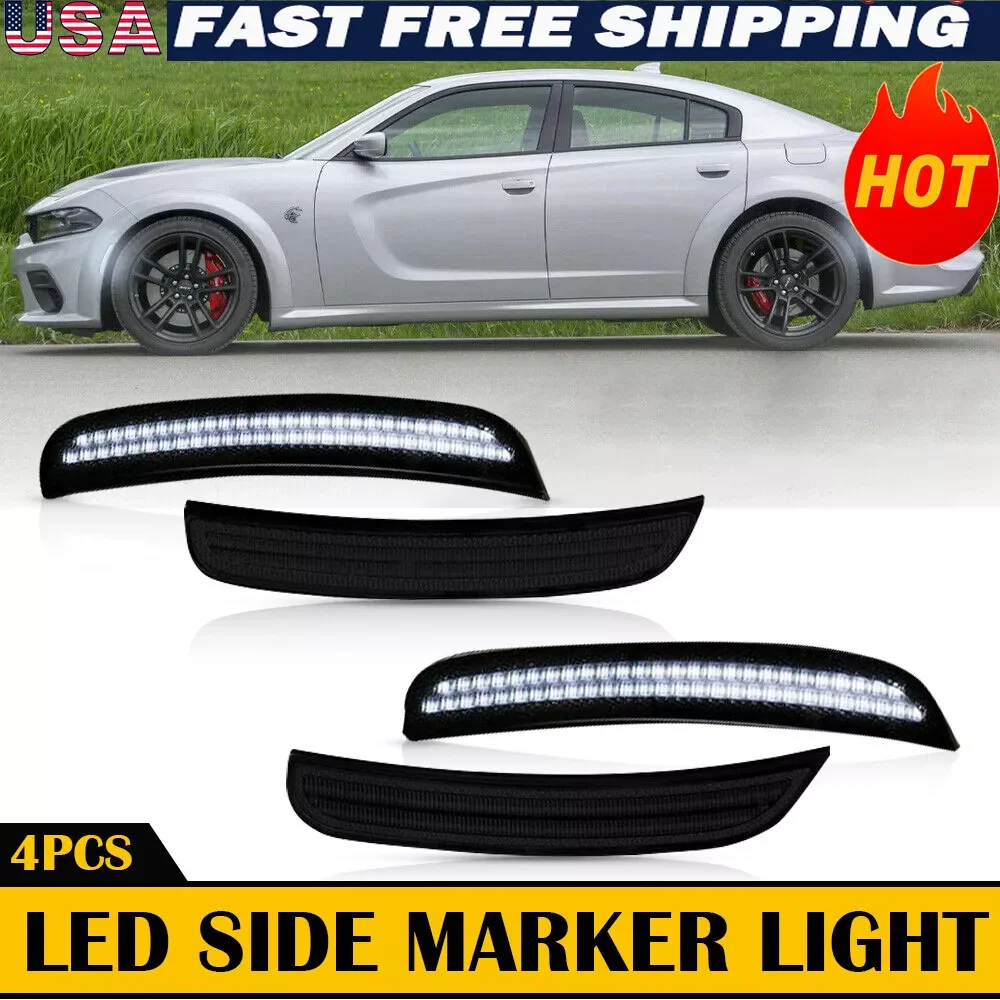 

4X Smoked LED Side Marker Light for 2015-2022 Dodge Charger Widebody White Lens Front+Rear