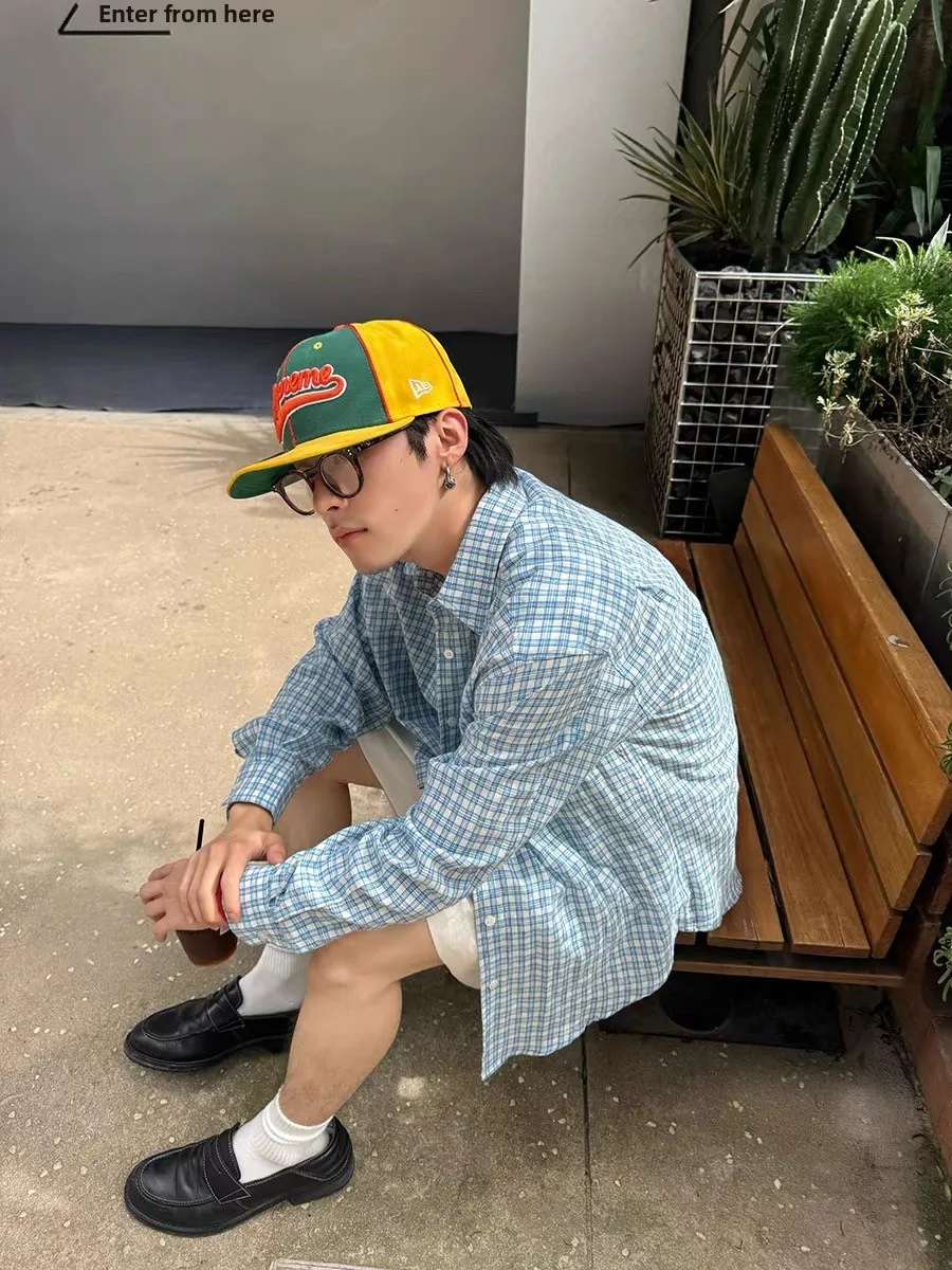 

Retro American Contrast Color Fre irt Men's Spring Autumn Casual Loose Blue Plaid irt Couple's Loose Polyester Fiber