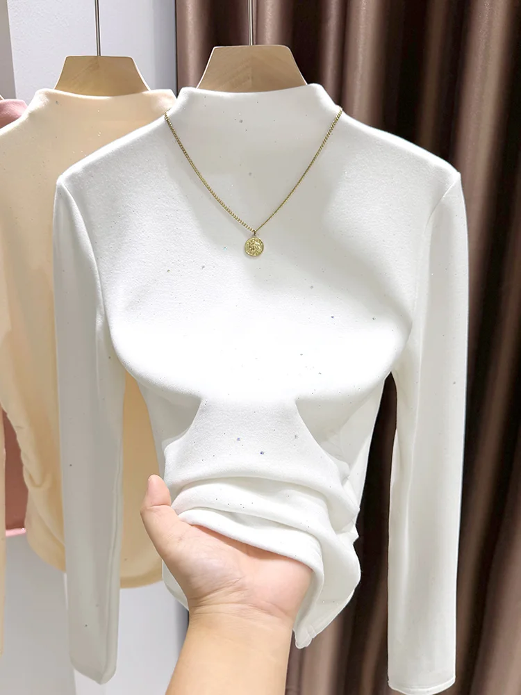 

Basic Sequin Velvet f High Collar Women's Base irt Autumn Winter Warm Inner Wear T-irt Waist Cinched Slim Fit Top