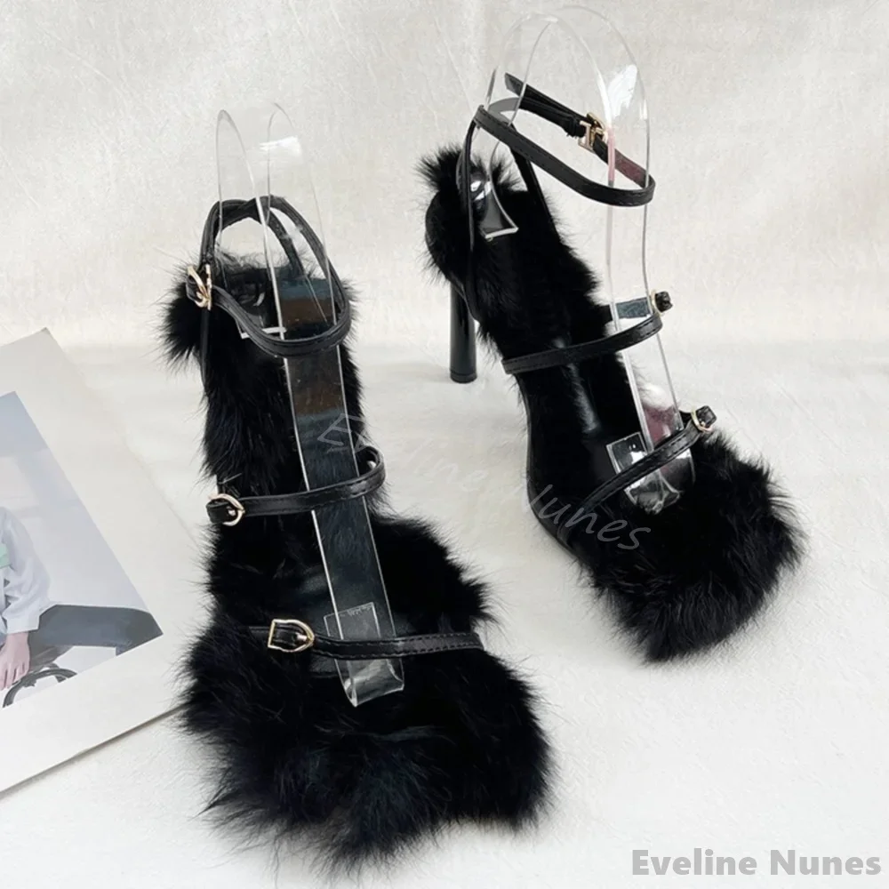 One Word Belt Fur Sandals Women Square Toe Belt Buckle Ankle Strap Stiletto Heel Solid Sandals 2024 Summer Fashion Sexy Sandals