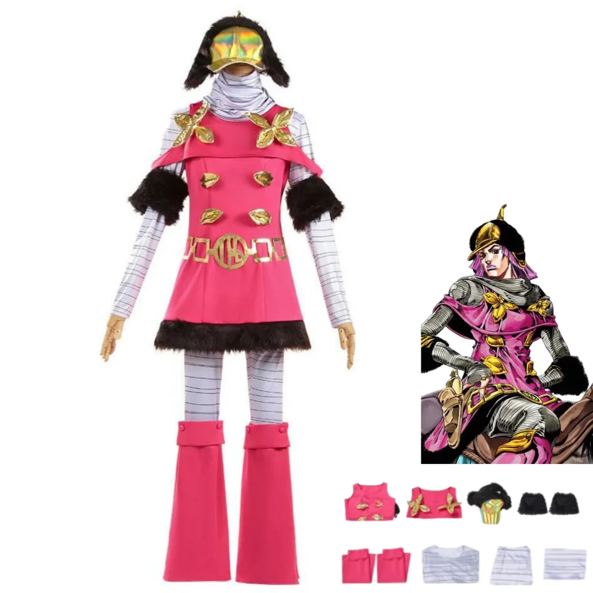 Disfraz de cosplay de los pantalones cortos de la serie de anime JoJo's Bizarre Adventure, vestido rosa a rayas, uniforme, sombrero, para hombre y mujer, ideal para carnavales y fiestas navideñas.