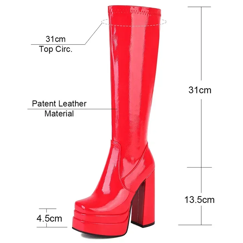 Winter Women Platform Knee High Boots Red Patent Leather Extreme Chunky Heels Sexy Party Club Lady Square Toe Zipper Long Boots