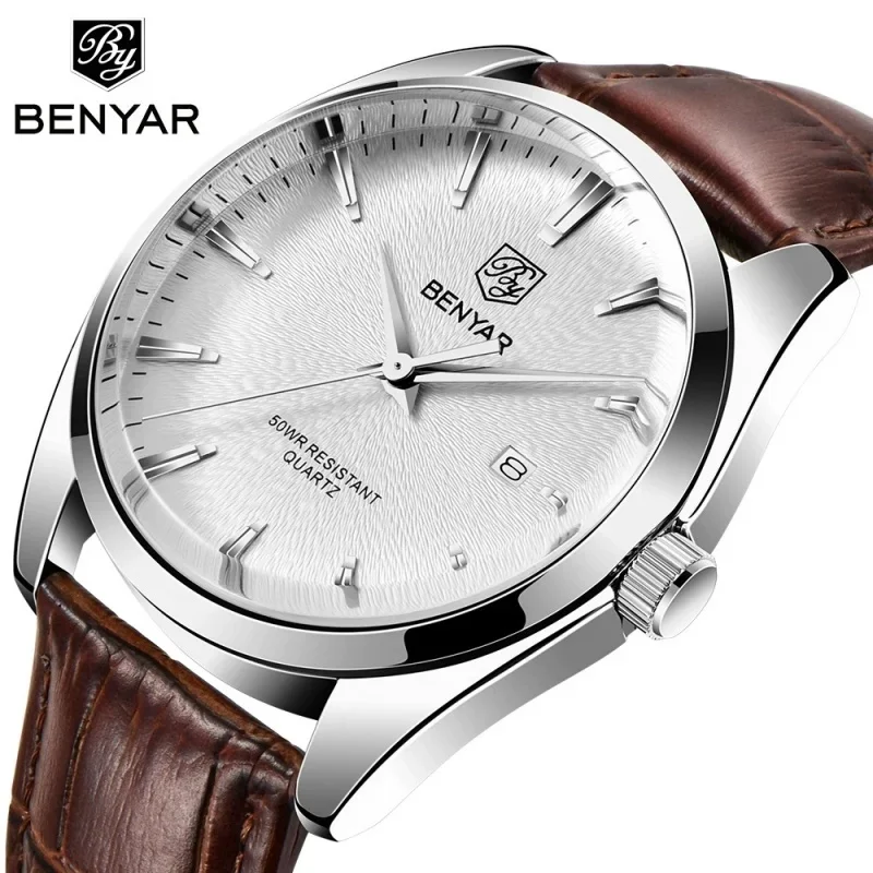 BENYAR BY-5163M Men Quartz Watch Japan Miyota 2115 Movement 50M Waterproof Genuine Leather Strap Business Date Wristwatch Reloj
