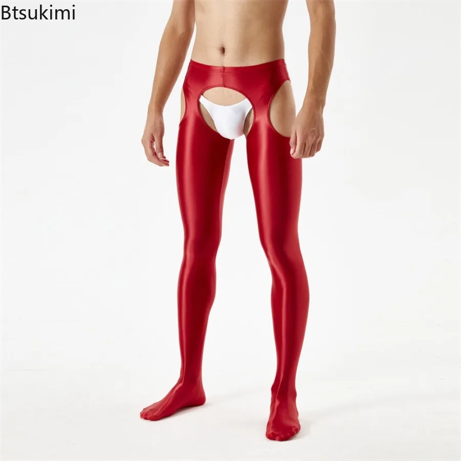

New Men's Shiny Leggings Sexy Underwear Oil Glossy Candy Color Smooth Open Crotch Pantyhose Shaping Tight Hollow Out Pants Homme