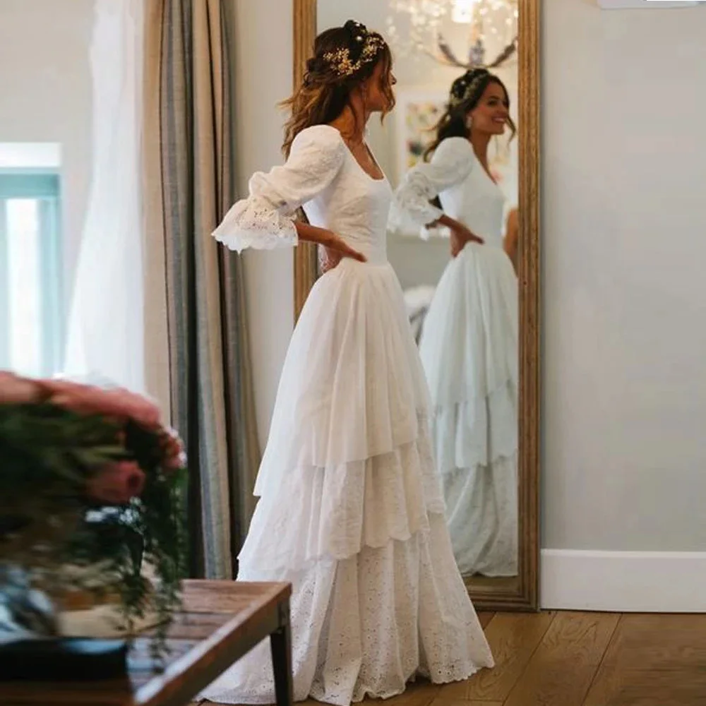 Rustykalna suknia ślubna Boho Vintage artystyczna koronka linia suknie panny młodej rękawy latarniowe wielowarstwowe suknie ślubne księżniczki ślub w stylu country