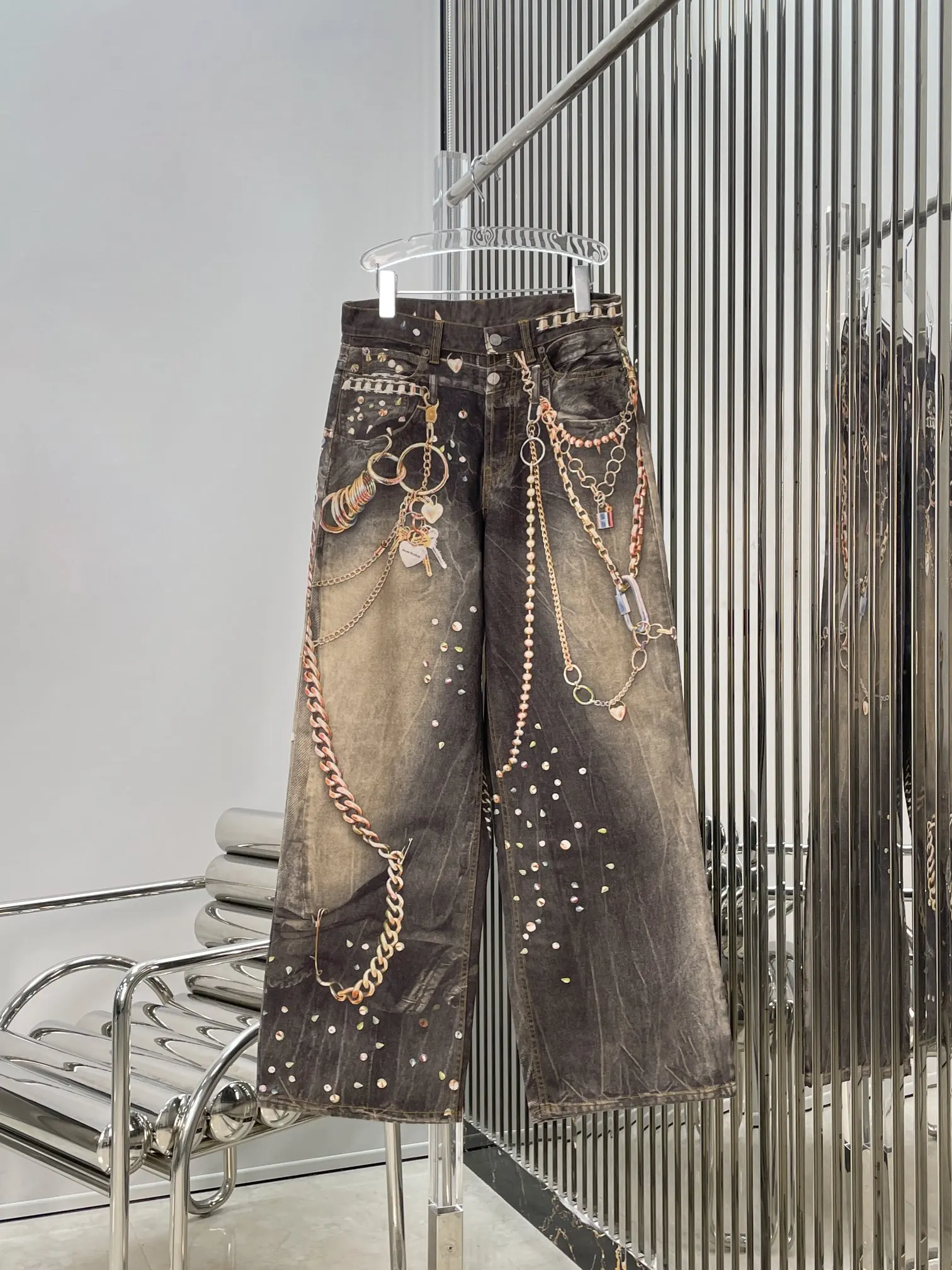 

3D Stereo Printing Washed out High Waist Slimming Wide Leg Jeans Casual Pants Women's Summer High Waist Loose Fit Micro Stretch