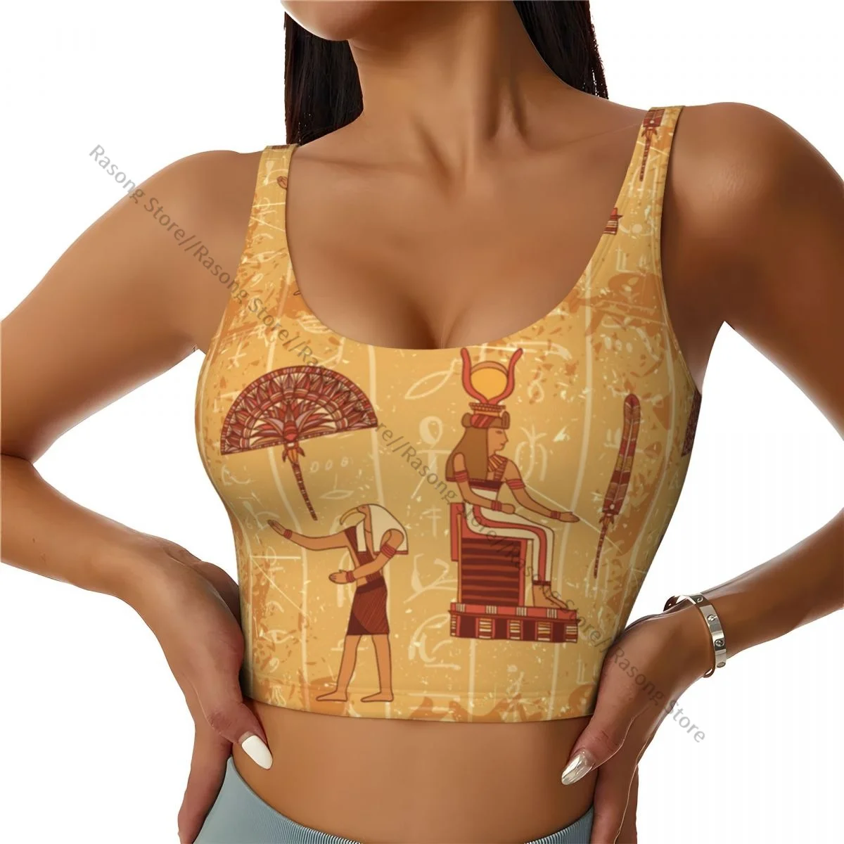 Yoga Vest Women Gym Sports Crop Tops Vintage Egyptian God Pharaoh Feather Streetwear Workout Breathable Tank Top Female
