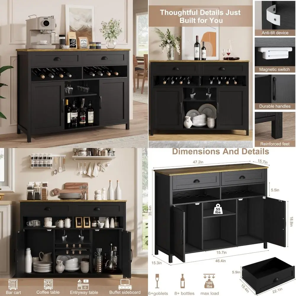 "Contemporary Multifunctional Sideboard with Wine Rack and Storage for Kitchen Dining Room or Coffee Bar"