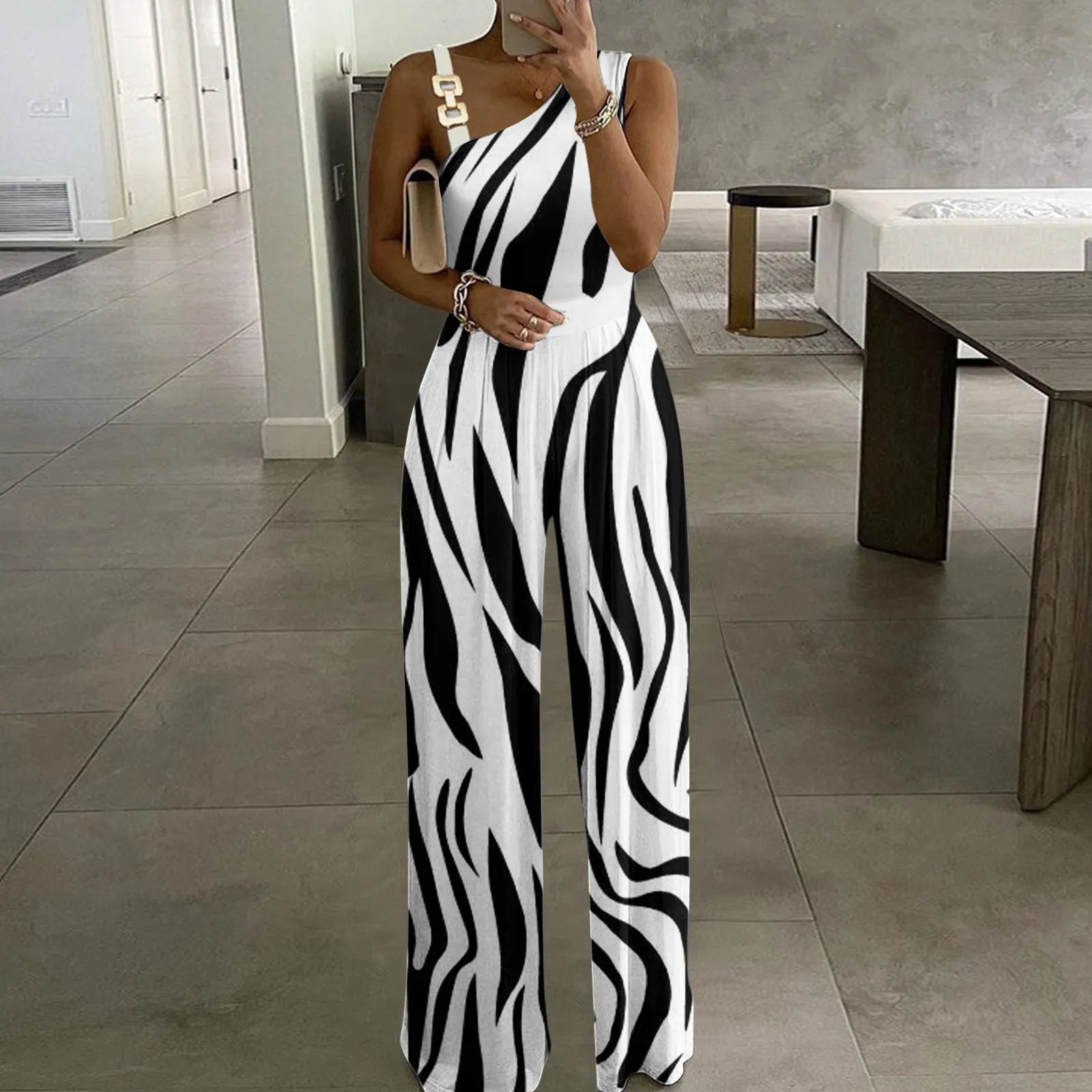 

Sexy Off Shoulder Print Jumpsuit Women 2024 New Sleeveless Wide Leg Jumpsuits Elegant Luxury Full Length For Women Rompers