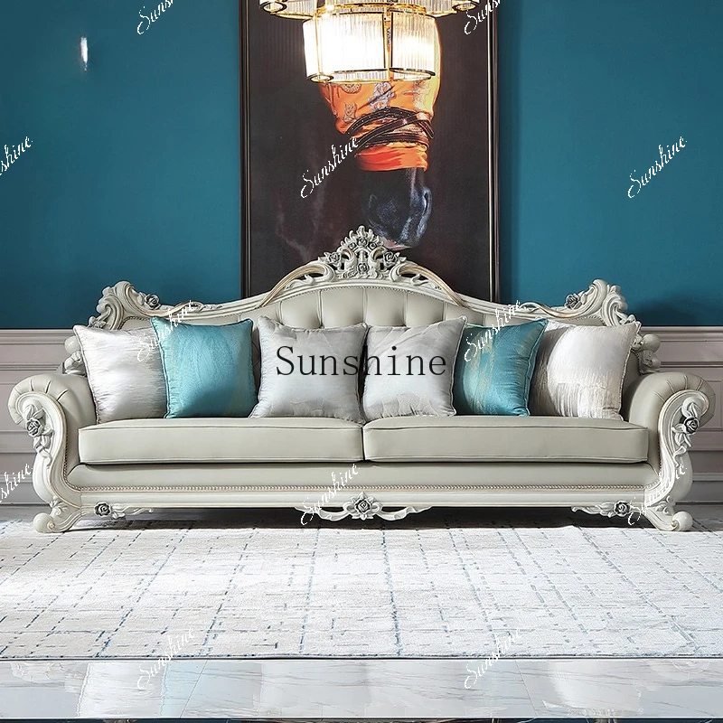 

French light luxury leather sofa European solid wood carving flower four-person sofaXX