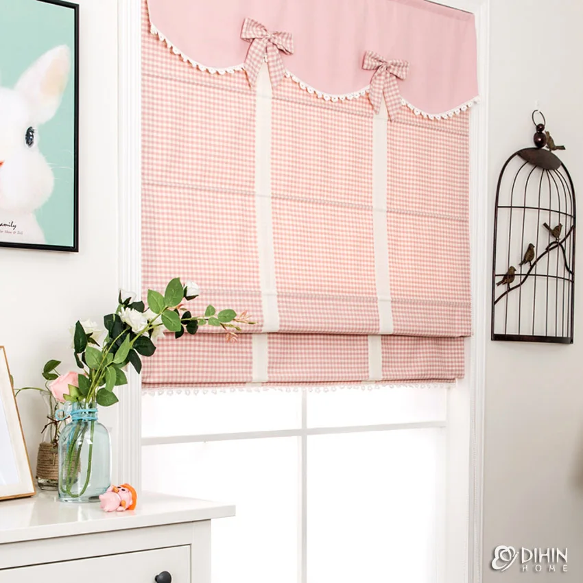 Cartoon Pink Color Custom Made Roman Shades With White Trims Window Drapes For Living Room Included Mechanism