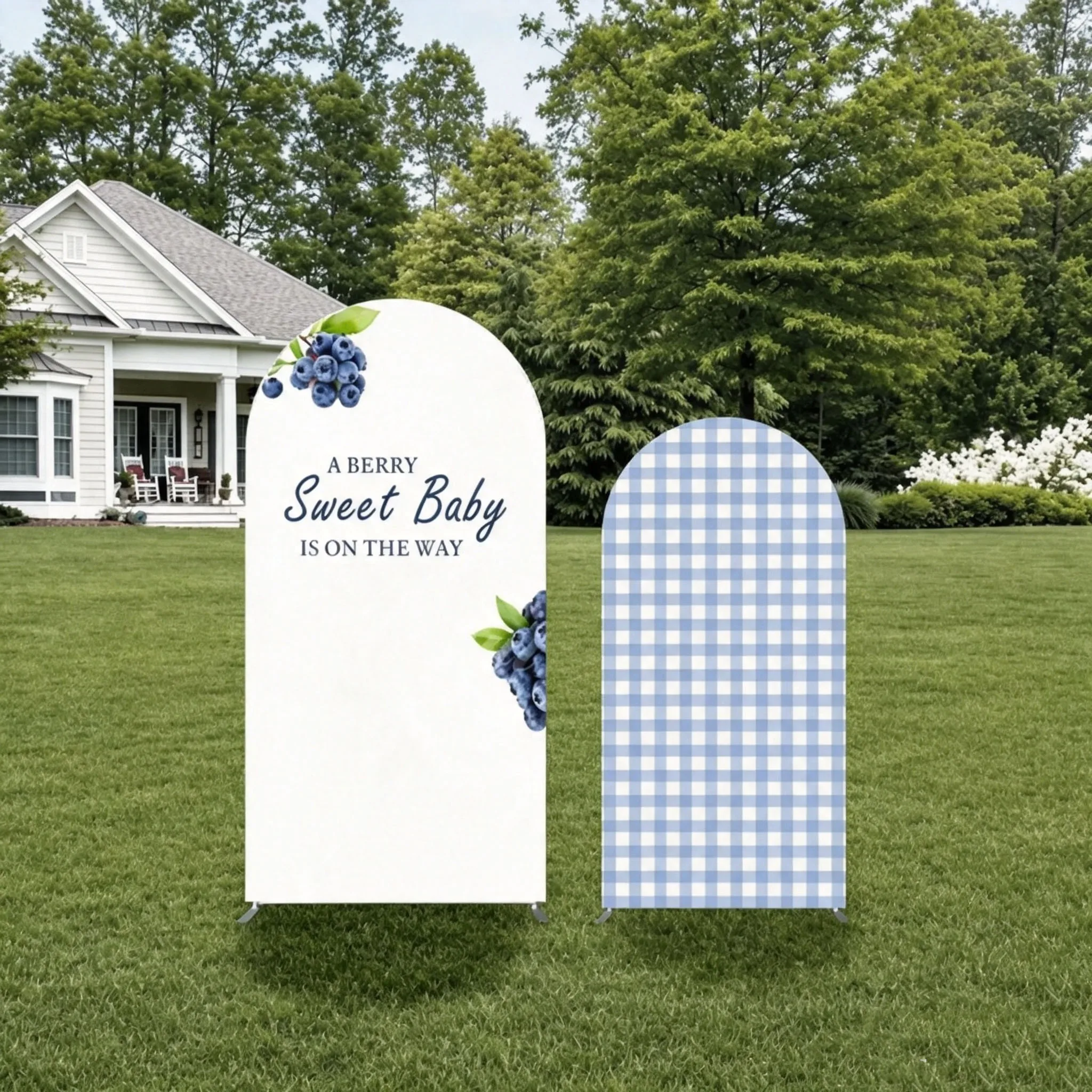Custom 2-Side A Berry Sweet Baby Is On The Way Baby Shower Arch Backdrop Cover Blue Square Birthday Party Decor Backdrop Photo