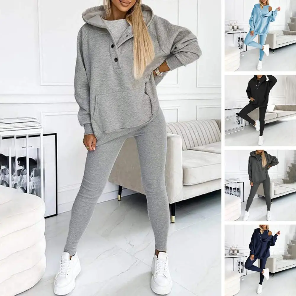 Women's Casual Suit Set Comfortable Loose Fitting Button Pockets Sweatsuit Hoodie Jacket Top and High Waisted Tight Pants Set