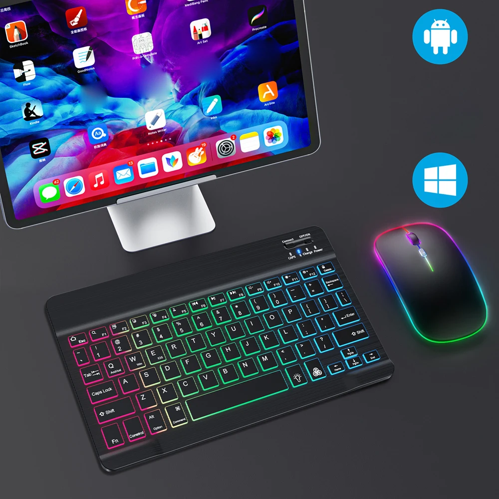 ماوس لوحة مفاتيح صغير لاسلكي بلوتوث لأجهزة IOS وأندرويد ويندوز والكمبيوتر اللوحي لأجهزة iPad Air Mini Pro ولوحة المفاتيح الروسية الإسبانية ﻿