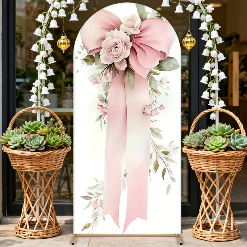 VIKAMA Romantic Floral Arch Backdrop Pink Bow Ribbon Print Outdoor Wedding Arch Cover Baby Shower Party Decor view 5
