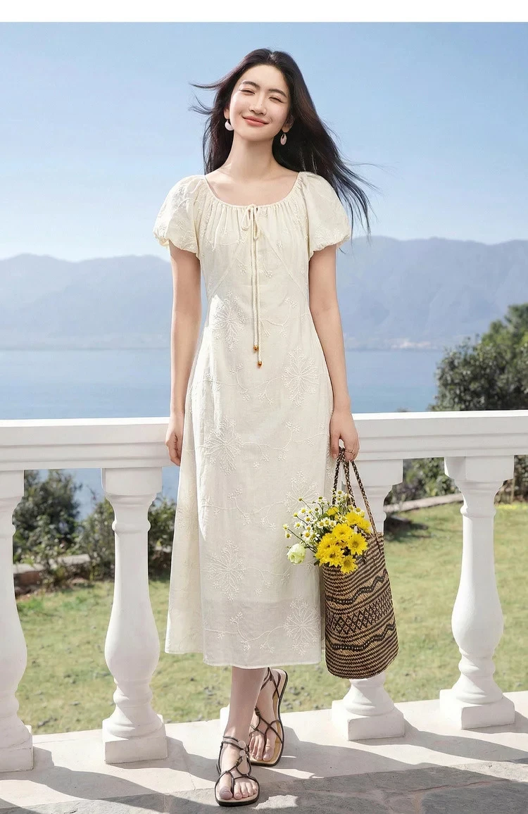 SENTUBILA Damen Lyocell-Kleider 2026 Sommer Elegantes Resort-Style A-Linien-Midikleid mit Wendehals und Stickerei für den Strand 162LO5639 – Detail 21