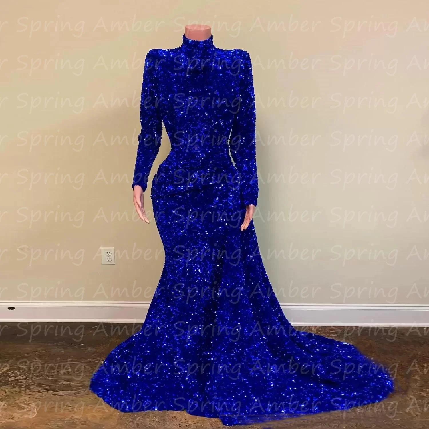 Royal Blue Evening Dresses Luxury Sequined High Neck Mermaid Prom Gowns Real Image Women Formal Party Robe Customized