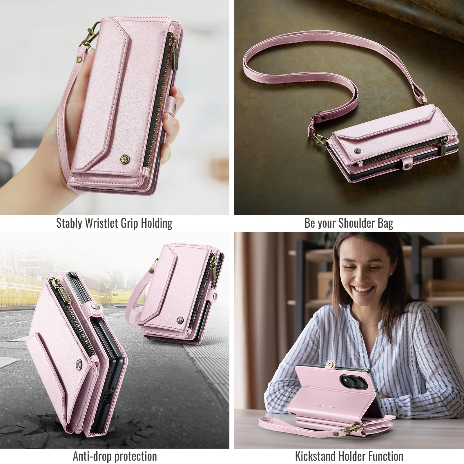 CaseMe-C36 For Samsung Galaxy Z Fold8 Wallet Case RFID Blocking PU Leather Crossbody Lanyard Card Zipper Pocket Wireless Charge