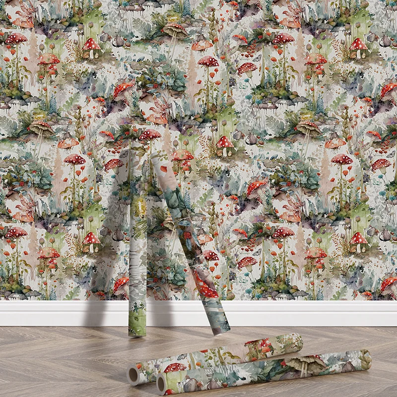 Cute Mushroom Forests Vinyl Wallpaper for Bedroom Self Adhesive Removable WallPapers Roll Colorful Peel and Stick Contact Paper