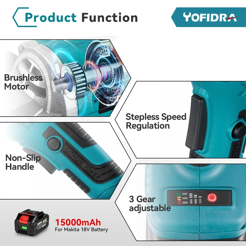 Yofidra 2500W 100mm Brushless Angle Grinder 3 Gears Cordless Cutting Polishing Woodworking Power Tool For Makita 18V Battery