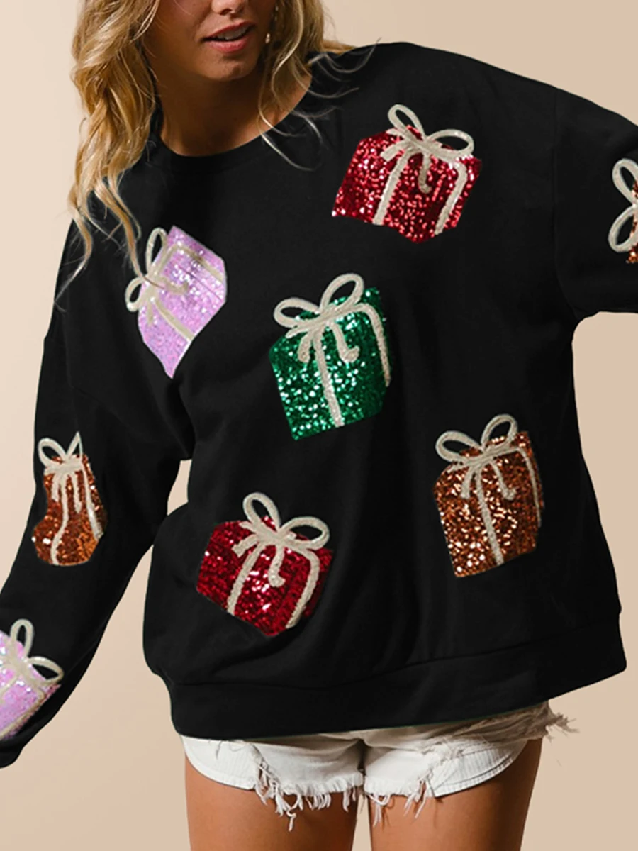 Women s Christmas Sweatshirt Loose Sequin Present Box Crew Neck Long Sleeve Pullover Tops Casual Streetwear