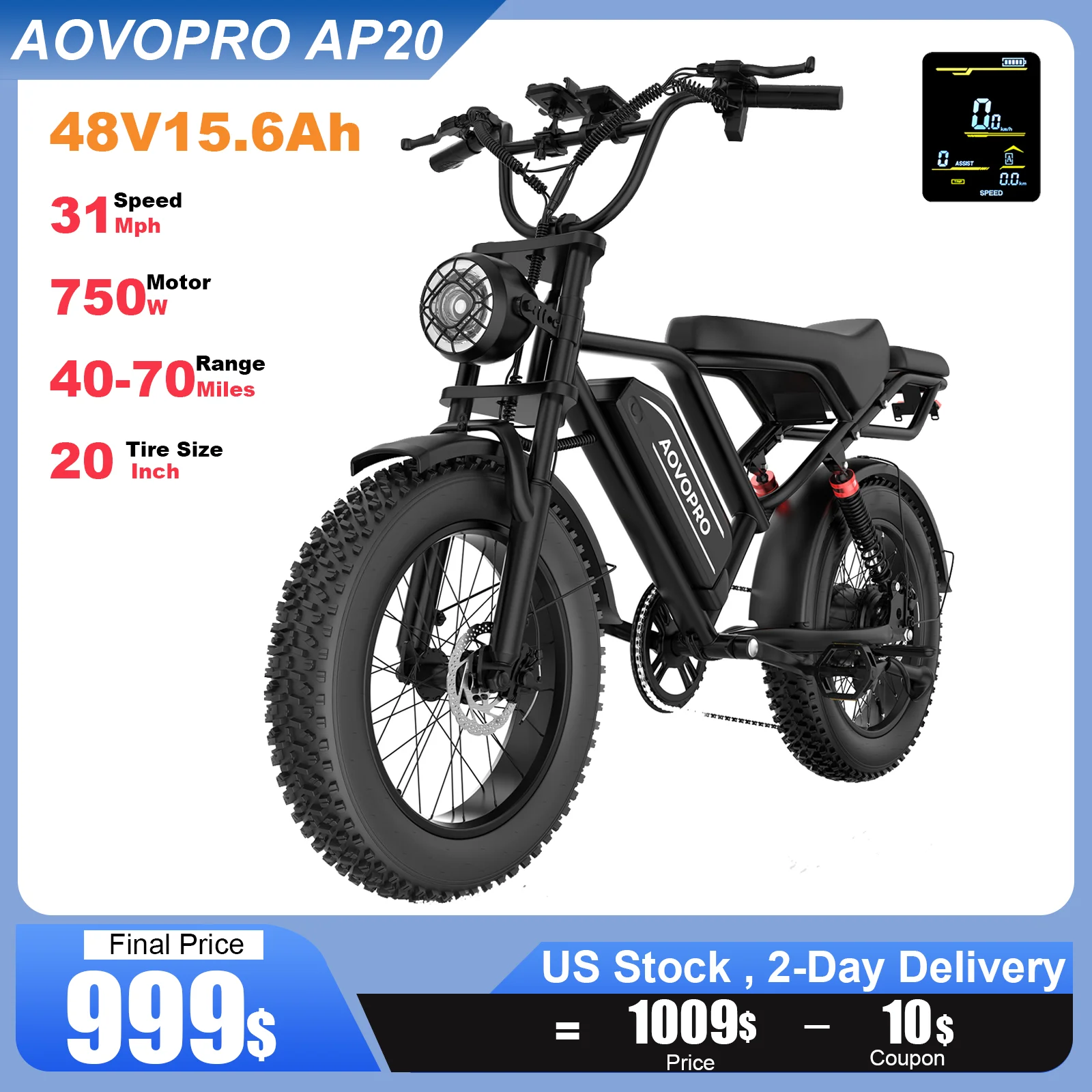 

AOVOPRO AP20 Electric Scooter 1500W Peak Power 48V 15.6Ah 20 Inch Fat Tire E Bike 31mph 70mi Range for Road Mountain Snow