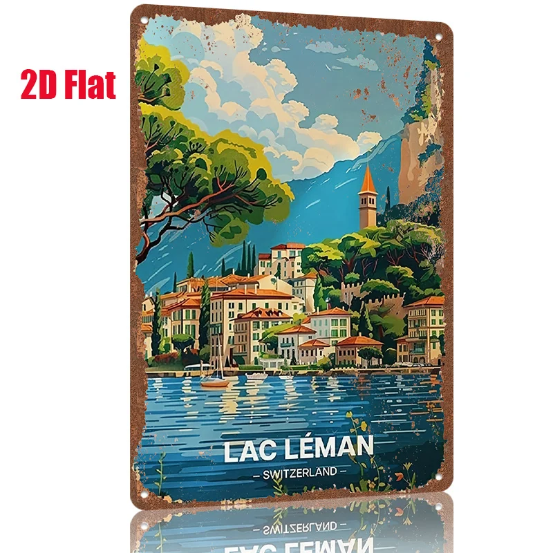 2D Flat - 1pc 2D[Flat] Metal Sign Swiss Lake Geneva Landscape Tin Painting, 8X12 Inches/20X30 Cm, Showing The Tranquility And Be