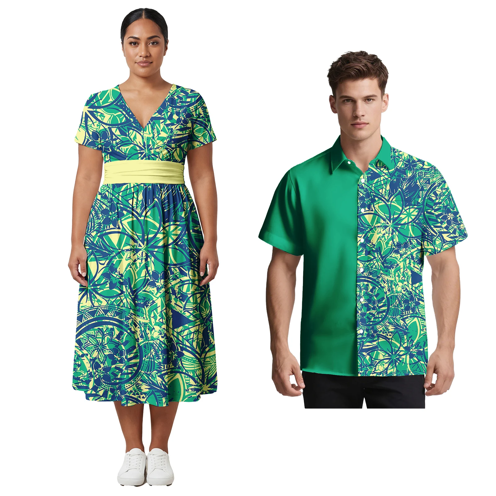

Luxury Design Couple Match Outfits Polynesian Trendy Men Shirt Samoan Ladies Splicing Dress Custom Pattern Aloha Couple of Set