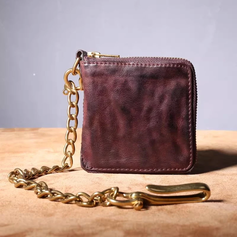 PNDME fashion vintage handmade first layer cowhide men's women's zipper wallet simple luxury genuine leather chain coin purse