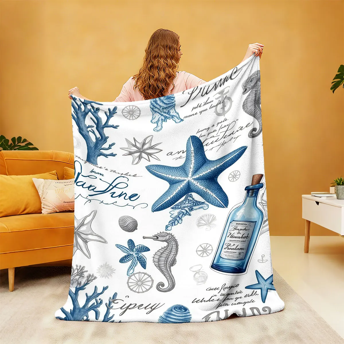 1pc Cartoon Marine Creature Printed Flannel Blanket Multiple Sizes Comfortable For Casual Use, Machine Washable Cover Blanket