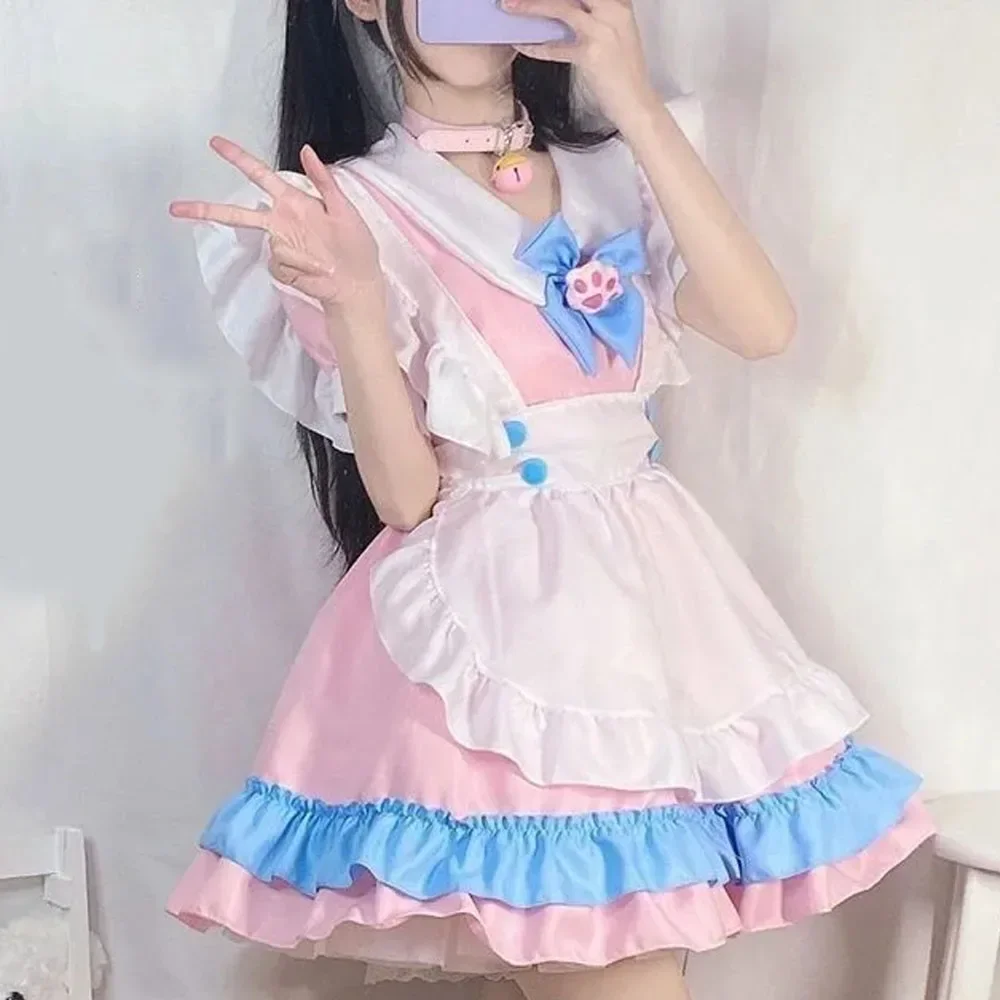 Vestido de talla grande Sissy Kawaii, disfraces de Cosplay, trajes de sirvienta para colegiala, ropa de Lolita japonesa rosa de Anime con pata de gato con volantes