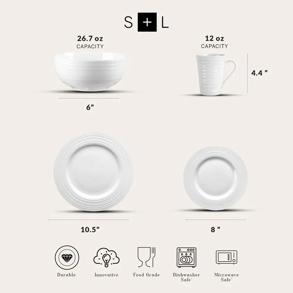Bone China Round Swirl Design 32 Piece Dinnerware Set, White