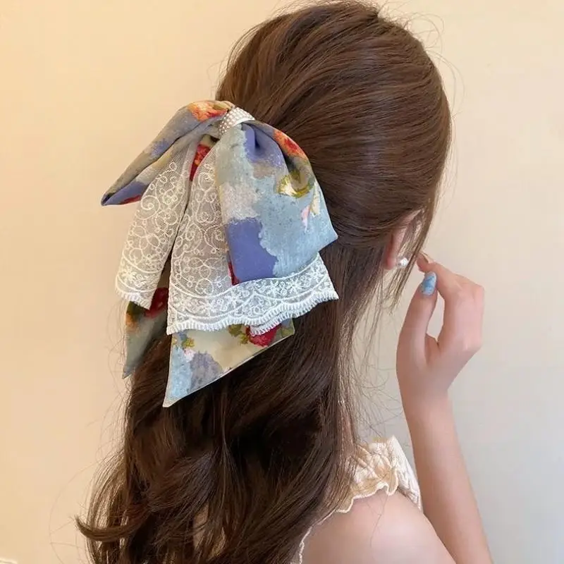 Fermaglio per coda di cavallo con fiocco in pizzo stile pittura a olio Fermaglio per capelli elegante artiglio per capelli per donne Accessori per capelli stile vintage per ragazze dolci