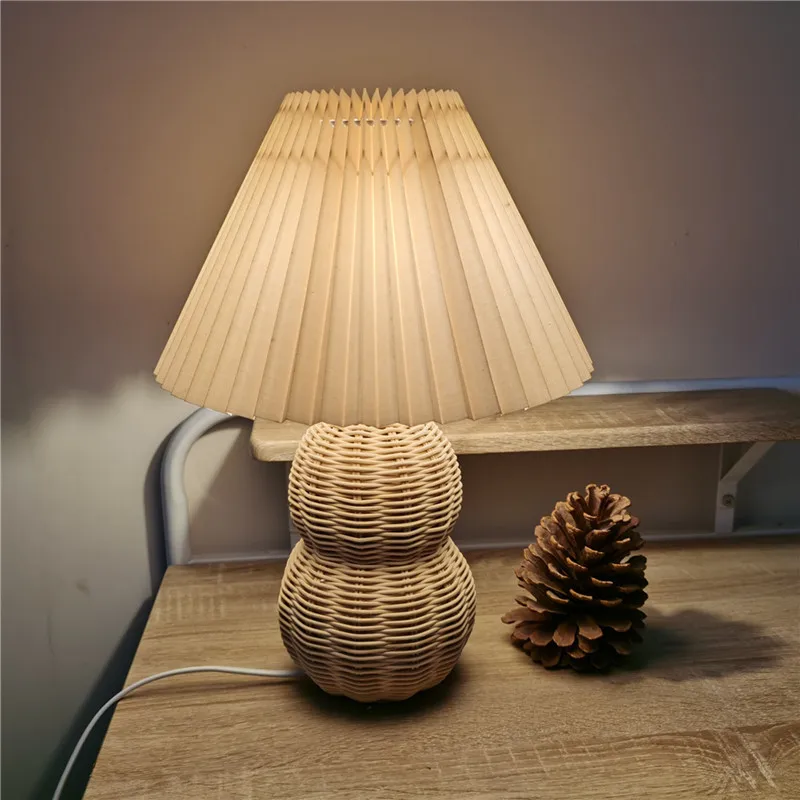 

Korean Pleated Table Lamp Rattan Desk Lamps for Living Room Home Decor Cute Bamboo Lamp Bedroom Bedside Nightstand Light Fixture