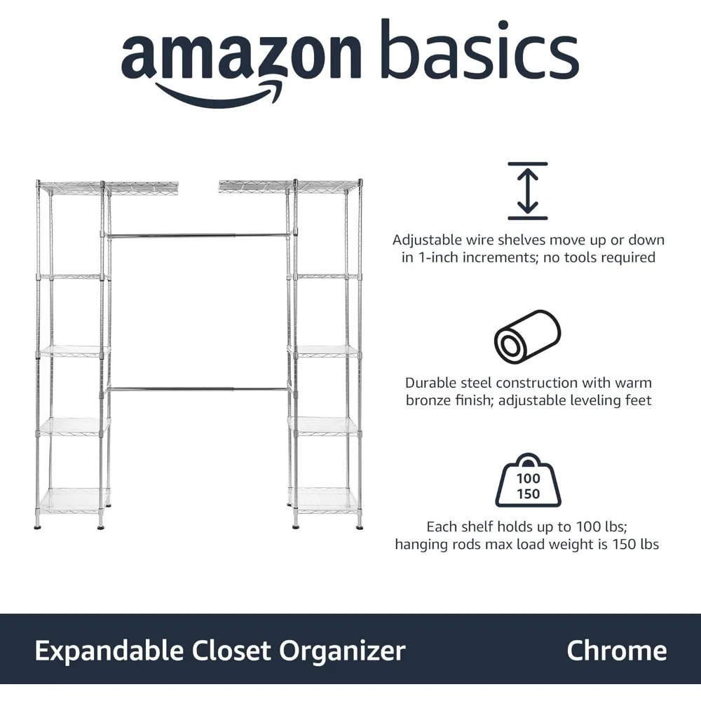 Expandable Adjustable Metal Hanging Storage Organizer Rack Wardrobe with Shelves