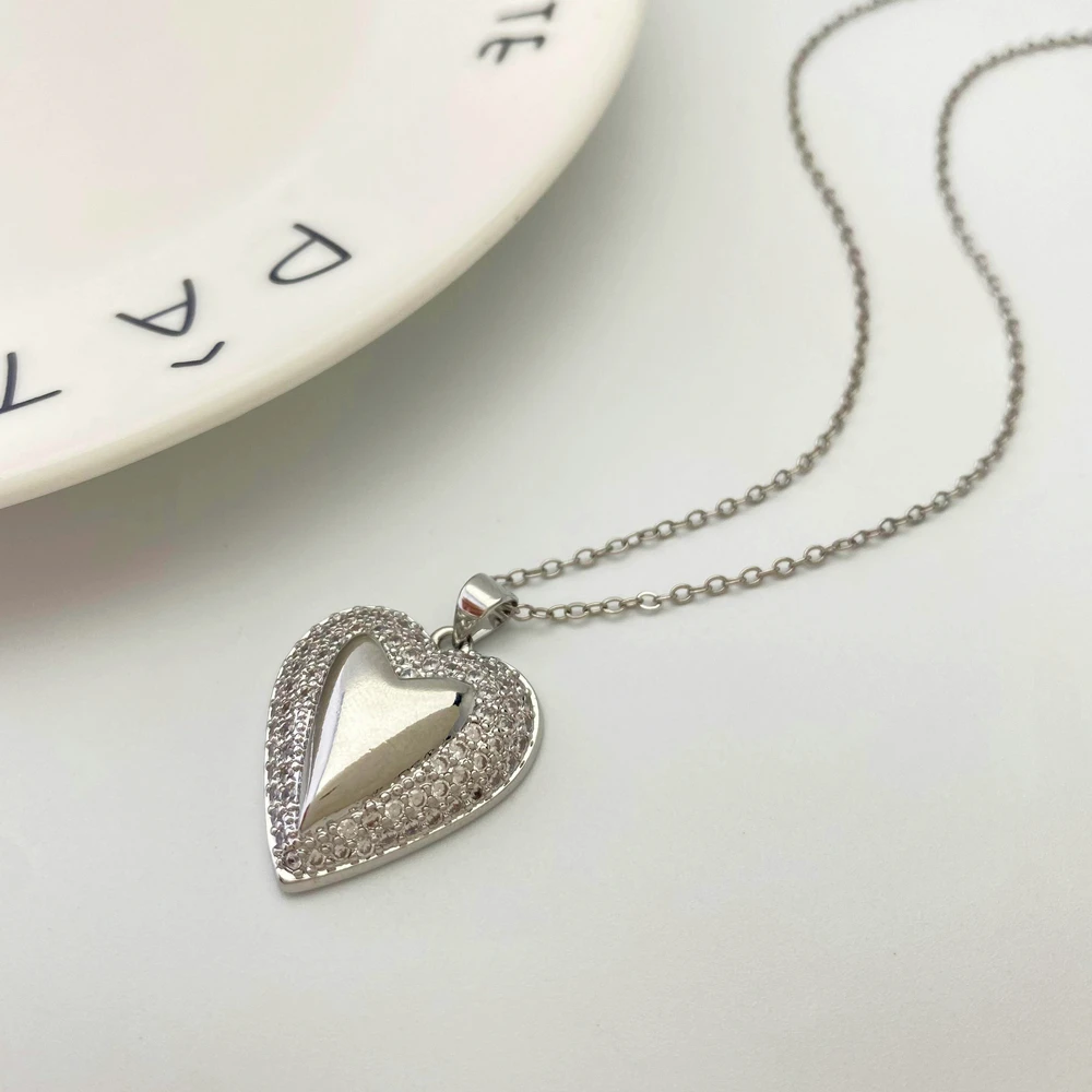 Fashion Clear Zircon Pave Silver Plated Heart Charms Necklace Jewelry Gift image 5
