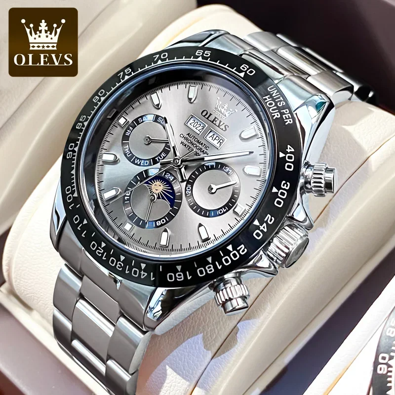 OLEVS-Reloj de pulsera de acero inoxidable para hombre, cronógrafo de lujo, resistente al agua, luminoso, mecánico, automático, de negocios