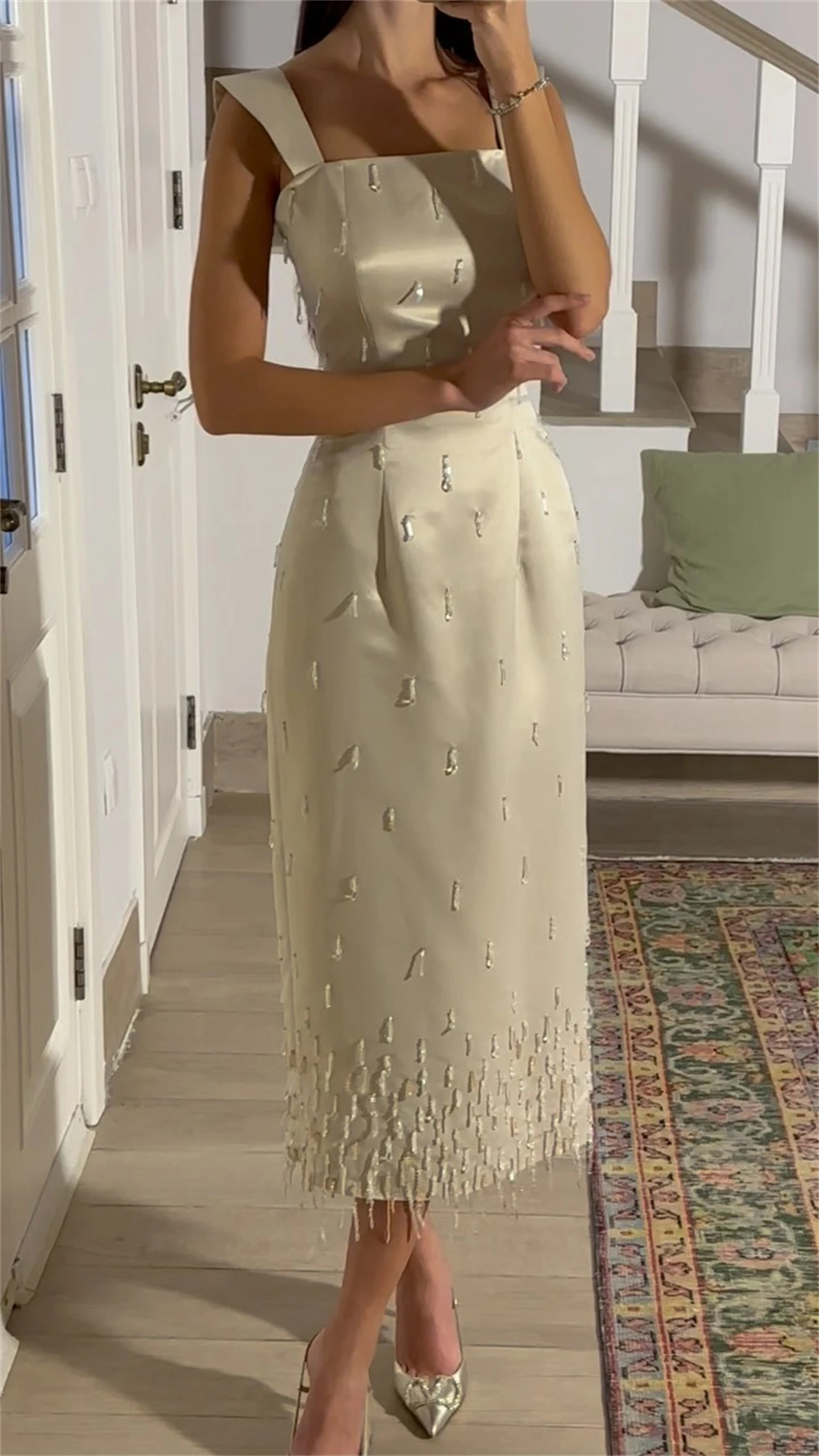 Prom Dresses sparkle Spaghetti Sheath Celebrity Sequin Tassel Satin Occasion Evening Gown robe de soirée femmes فستان سهرة