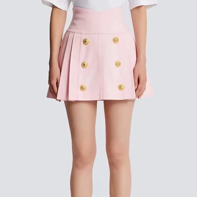 

EACA Light Pink High Waisted Denim Pleated Half Body A-line 2025 Summer New Item Bottom With Metal Buckle Zipper Pleated Skirt