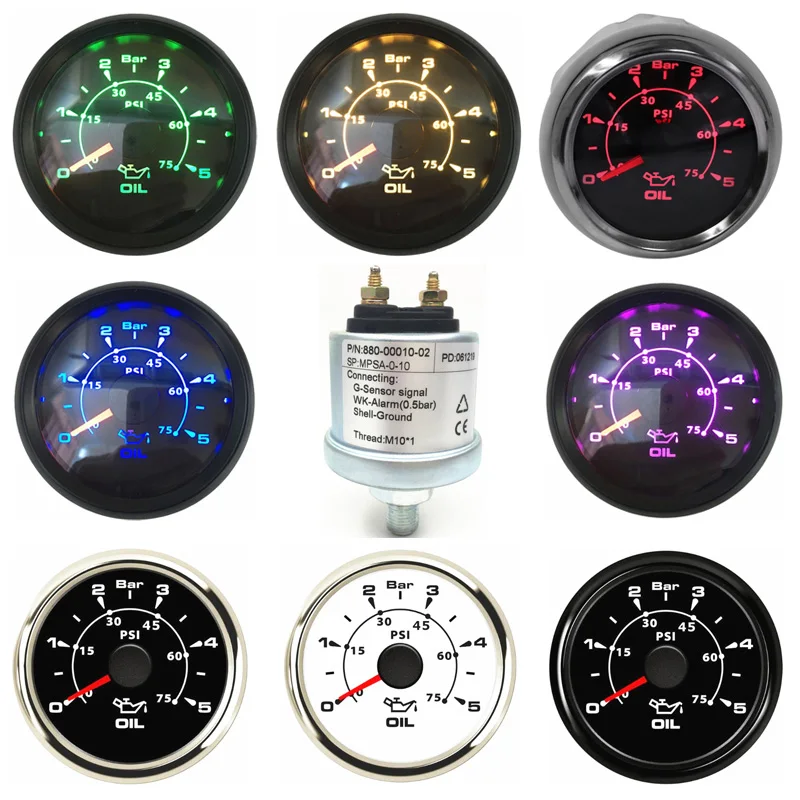 

Auto 8 Kinds Backlight Color Oil Pressure Gauges 52mm 10-184ohm Mechanical Oil Pressure Sensors M10x1 NPT18 Senders 0-5b 0-10bar