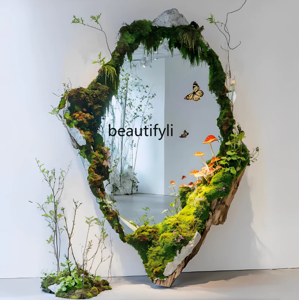 Moss Mirror Backdrop Realistic Moss Fresh Flowers Miniature Landscape Full-Length Mirror Photo Hotspot Green Plants