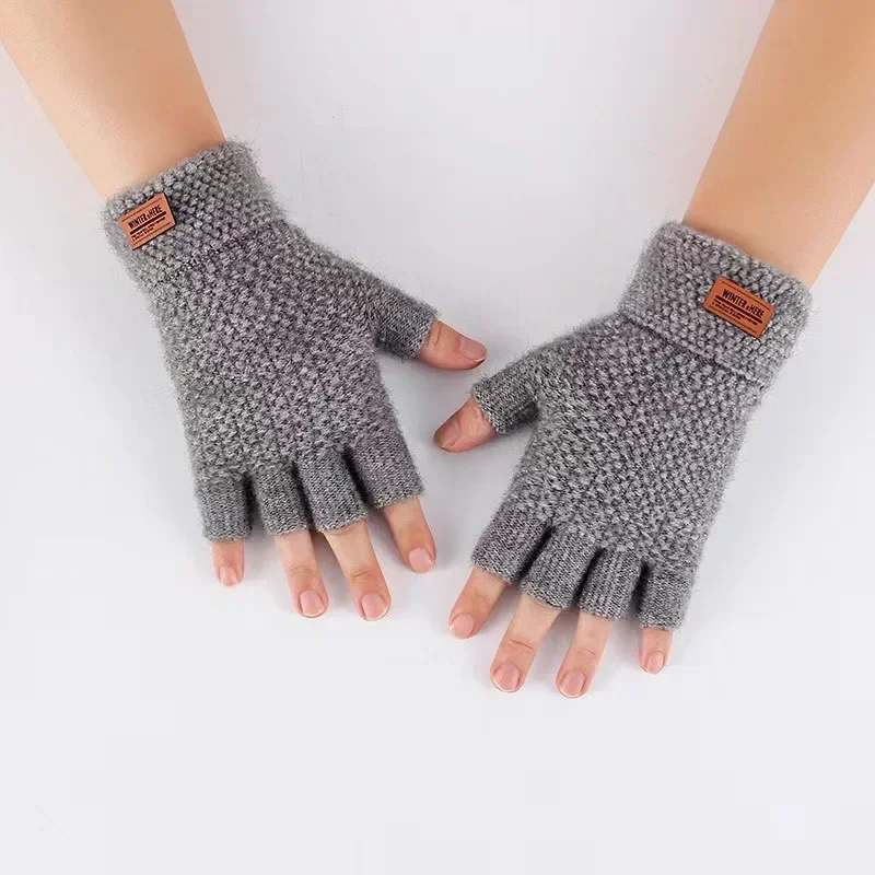 Winter Men\'s Fingerless Gloves Half Finger Writing Office Knitting Thick Wool Warm Tag Thick Elastic Outdoor Driving Gloves