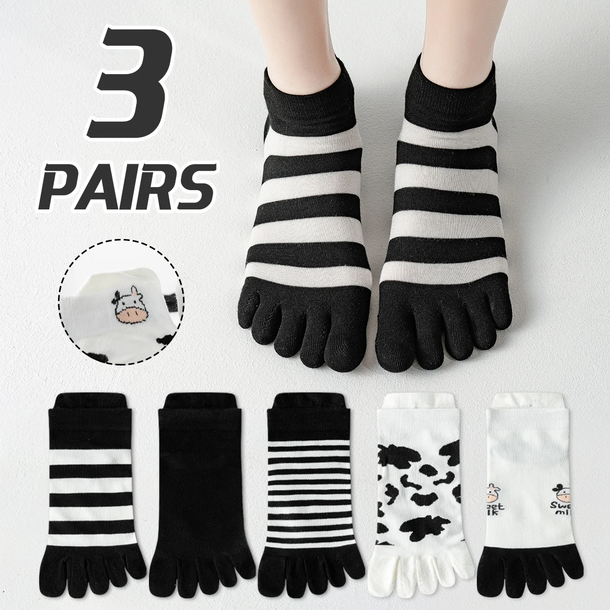 3 Pairs of Women's Cotton Spring and Autumn Cartoon Striped Cow Sweet College Style Ankle Protection Comfortable Five Toe Socks
